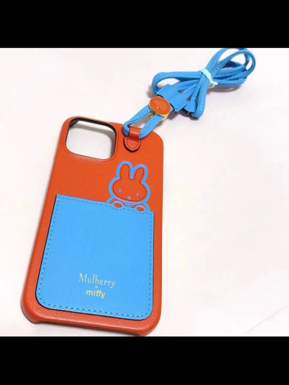 Mulberry Orange Leather Phone Case with Blue Pocket and Strap
